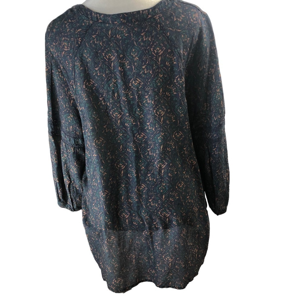 Caslon Popover Blouse Women M Navy Peach Green Botanical Print RoundNeck with V - Picture 2 of 8